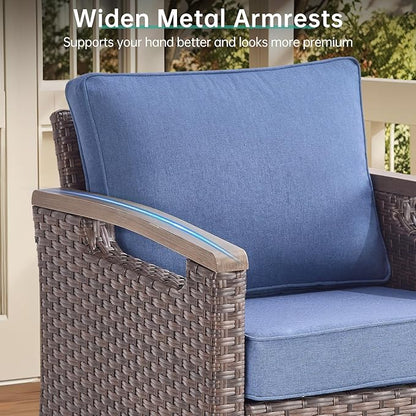 Luxury 5 Piece Heavy Duty Patio Furniture Set with Swivel Chairs - All Weather Wicker Comfort Thick Cushion Outdoor Conversation Set with 3 Seat Sofa & Ottoman for Porch Poolside Deck - Blue