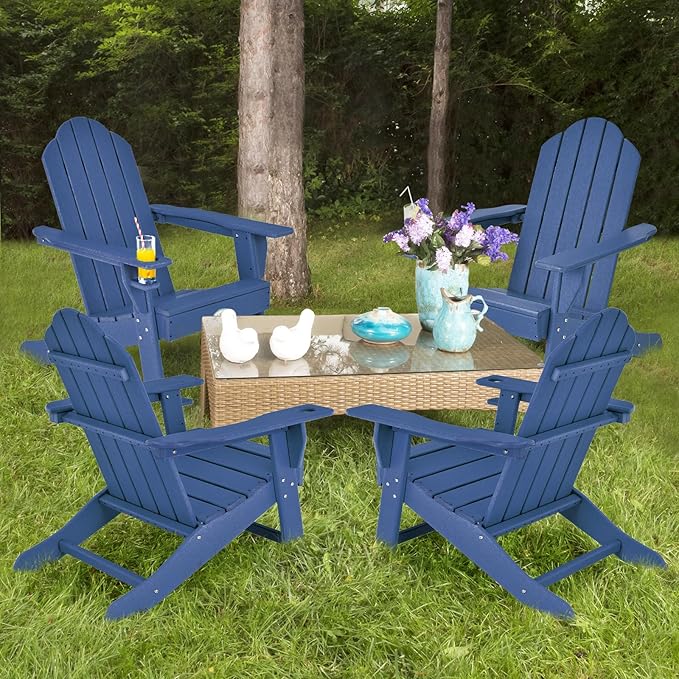 Tangkula Adirondack Chair Outdoor, Fade Resistant HDPE Armchairs with Cup Holder, Weather Resistant Lounger Chairs for Patio Garden Backyard Deck, Lawn Porch Seating, Adirondack Lounger (4, Navy)