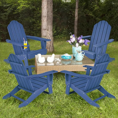 Tangkula Adirondack Chair Outdoor, Fade Resistant HDPE Armchairs with Cup Holder, Weather Resistant Lounger Chairs for Patio Garden Backyard Deck, Lawn Porch Seating, Adirondack Lounger (2, Navy)