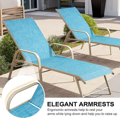 Crestlive Products Chaise Lounge Chair Outdoor with Armrests, Pool Lounge Chairs Set of 2, Aluminum Adjustable 5 Positions Sun Tanning Lounger for Patio, Poolside, Yard, Deck, Backyard (Blue)