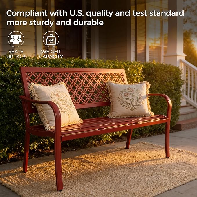 Grand patio Garden Bench, Outdoor Benches with Anti-Rust Metal Powder Coated Frame, Patio Bench for Front Porch Park Outside Furniture Decor, Cherry Red