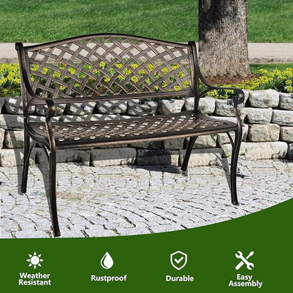LEISU OKIDA 41” Outdoor Garden Bench All-Weather Cast Aluminum Porch Loveseat Chair for Patio Park Path Yard Lawn Work Entryway Decor Deck (Bronzed)