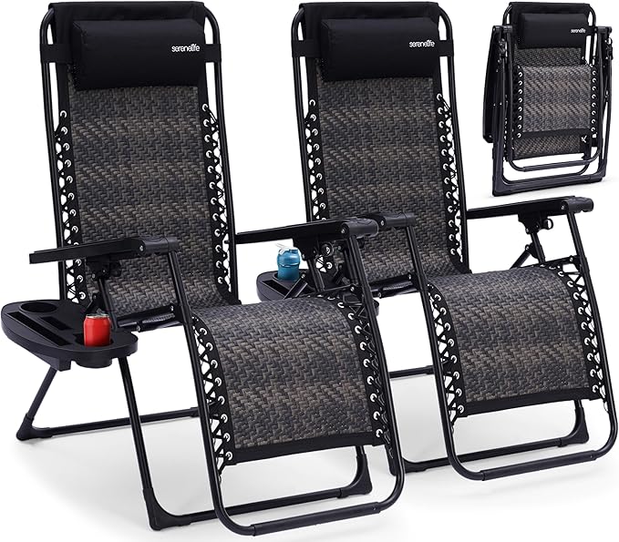 SereneLife Zero Gravity Lounge Chair Set of 2 – Outdoor Reclining Patio Chairs with Rattan Side Table - Photo 1