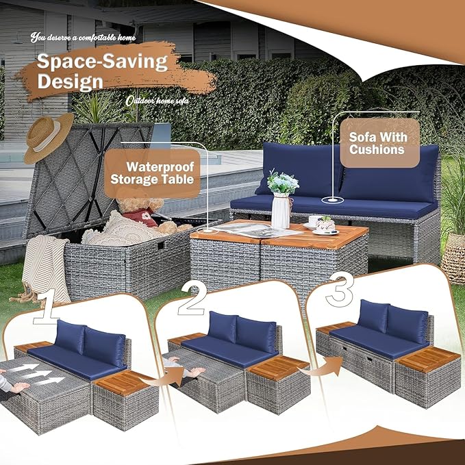 Devoko Patio Day Bed Outdoor Daybed Set Multifunctional Rattan Lounge Bed with 2 Side Tables for Backyard Porch - Photo 7