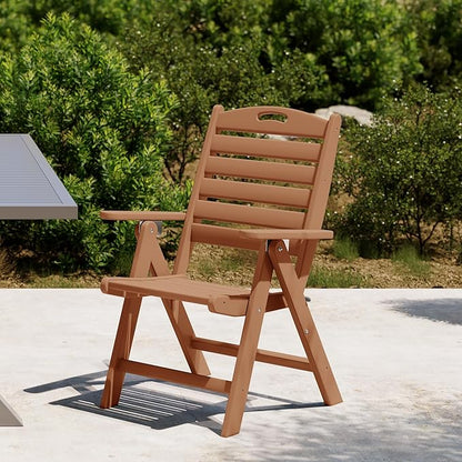 Costaelm Outdoor Adjustable Highback Folding Patio Dining Chair, HDPE Armrest Poly Lumber Restaurant Bistro Dining Chair for Outside Porch Backyard Garden, Teak