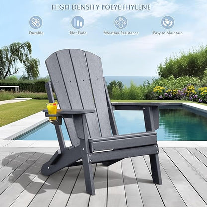 ATR ART TO REAL Folding Adirondack Chairs, HDPE Weather Resistant Outdoor Firepit Chairs with Cup Holder, Patio Folding Chairs for Garden, Lawn, Backyard, Deck, Fire Pit(Grey)