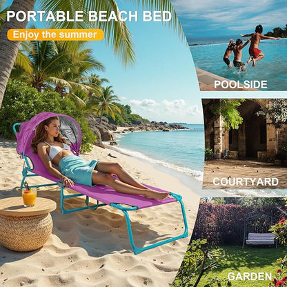 Colorsoul Tanning Chair with Sun Canopy,Adjustable 4-Position Beach Lounge Chair for Adults,Heavy Duty Folding Outdoor Lounge Chair,for Patio Poolside Sunbathing,UPF 50+,300 LBS,Purple