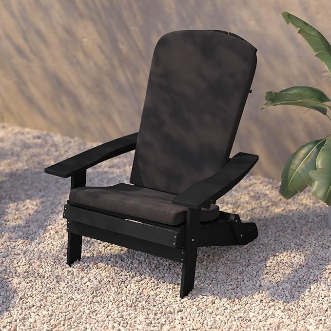 Flash Furniture Charlestown Folding Adirondack Chairs Poly Resin Frame-All-Weather Cushions-Indoor/Outdoor Use, Set of 2, Black/Gray