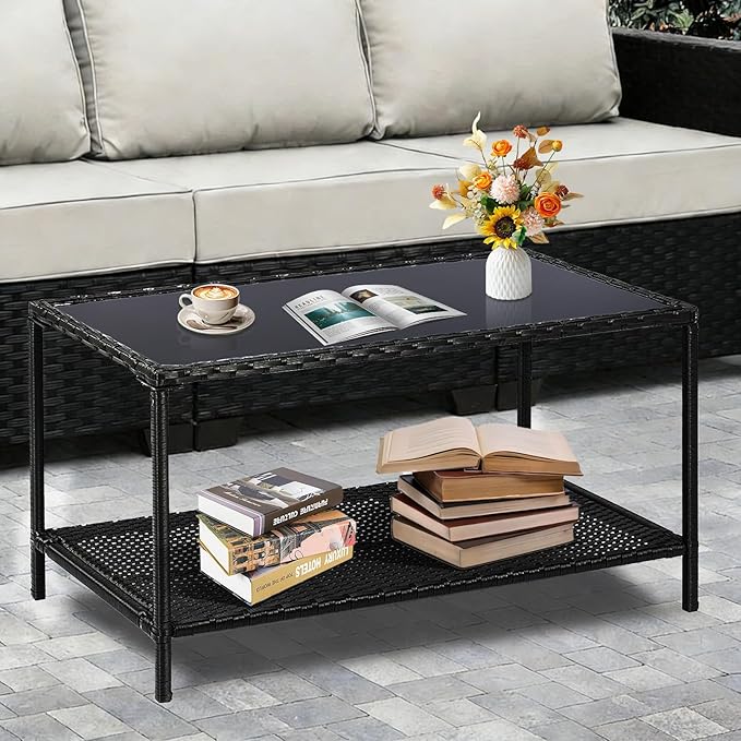 SUNNYPARK Outdoor Rattan Coffee Table 36’’ All-Weather Wicker Patio Side Tables with Glass Top and Storage Shelf - Photo 4