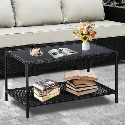 SUNNYPARK Outdoor Rattan Coffee Table 36’’ All-Weather Wicker Patio Side Tables with Glass Top and Storage Shelf Furniture for Living Room Balcony Backyard Poolside