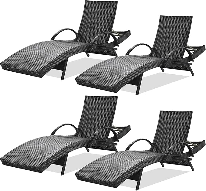 80'' Outdoor Wicker Chaise Lounge Chairs Set of 4, Patio Rattan Reclining Chair with Pull-Out Side Table - Photo 1