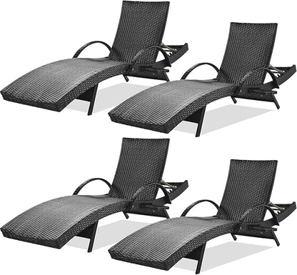 80'' Outdoor Wicker Chaise Lounge Chairs Set of 4, Patio Rattan Reclining Chair with Pull-Out Side Table, Adjustable Backrest for Beach, Poolside, Garden, Backyard, Black