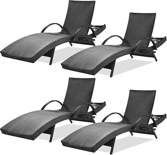 80'' Outdoor Wicker Chaise Lounge Chairs Set of 4, Patio Rattan Reclining Chair with Pull-Out Side Table, Adjustable Backrest for Beach, Poolside, Garden, Backyard, Black