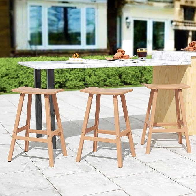 Costaelm All-Weather Bar Stools Set of 3, 29" Height Outdoor Bar Stools, Adirondack Poly Patio Bar Stool for Patio, Deck, Kitchen Counter and Garden, Teak