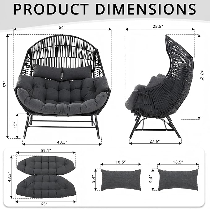 IRONCK 2 Person Egg Chair Indoor Outdoor, Double Lounge Chair, Update Frame, Cushions and Headrests, 700 lbs Egg Loveseat for Garden, Porch, Living Room, Gray