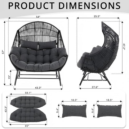 IRONCK 2 Person Egg Chair Indoor Outdoor, Double Lounge Chair, Update Frame, Cushions and Headrests, 700 lbs Egg Loveseat for Garden, Porch, Living Room, Gray