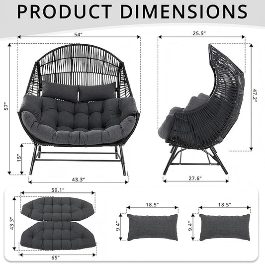 IRONCK 2 Person Egg Chair Indoor Outdoor, Double Lounge Chair, Update Frame, Cushions and Headrests, 700 lbs Egg Loveseat for Garden, Porch, Living Room, Gray