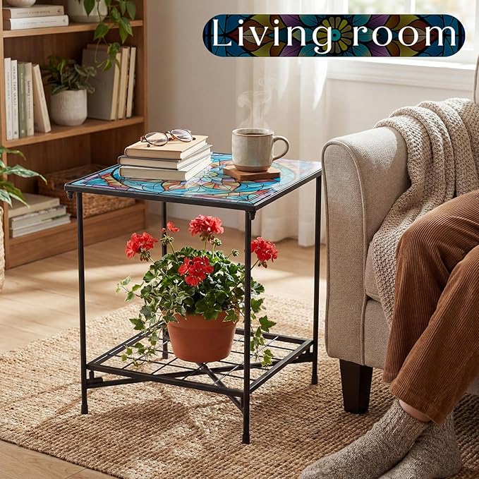 Outdoor Side Table 2-Tier Storage Square Small Mosaic Patio Accent Indoor End Plant Coffee Tea Table for Yard Patio Porch Garden Living Room, Bedroom(Mandala Style)