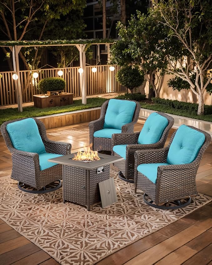 Outdoor Patio Swivel Gliders with Fire Pit Table 5 Piece Set - High Back Brown Wicker Rattan Rocking Chair with Thick - Photo 6