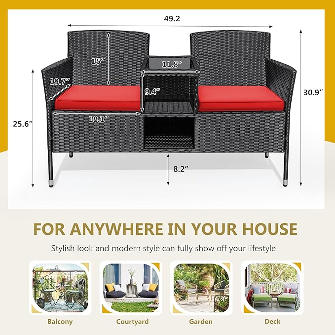 Flamaker Outdoor Furniture Patio Loveseat Wicker 2-Seat with Built-in Table and Cushions Rattan Porch Chairs Bench for - Photo 6