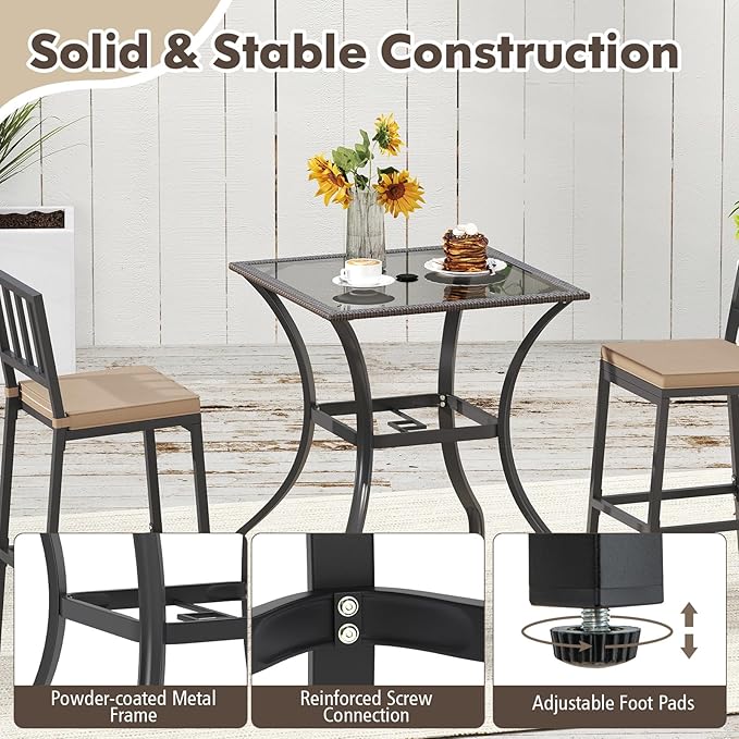 Tangkula Patio Bar Table with Umbrella Hole, All Weather 37 Inches Height Heavy Duty Outdoor Square Glass Top Table - Photo 6