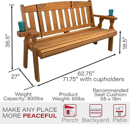Amish Casual Heavy Duty 800 Lb Mission Pressure Treated Garden Bench with Cupholders (5 Foot, Cedar Stain)