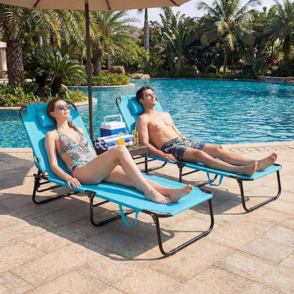 Giantex Folding Beach Tanning Chair - Adjustable Patio Lounge Chair w/Face Hole, Removable Pillows, Carry Strap, Layout Chair, Sunbathing Chaise Lounge Outdoor for Poolside Yard Lawn (2, Turquoise)