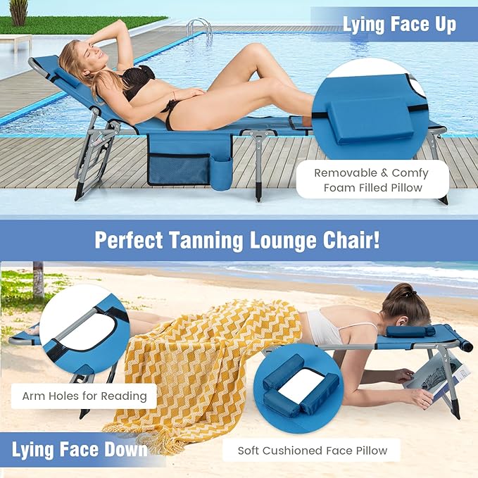 GYMAX Tanning Chair, 330LBS Beach Lounge Chair with Face Arm Hole & Hand Shoulder Strap, Folding Layout Sunbathing Chair, Face Down Outdoor Chaise Lounger for Patio, Poolside, Lawn, Backyard (2, Blue)