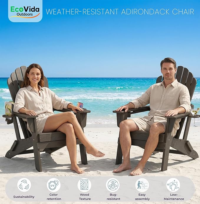Oversized Adirondack Chair with Dual Cup Holders, Ergonomic High Back HDPE Fire Pit Chair, 380lbs Capacity All-Weather Outdoor Patio Lounge Chair for Garden, Deck, Yard - Coffee