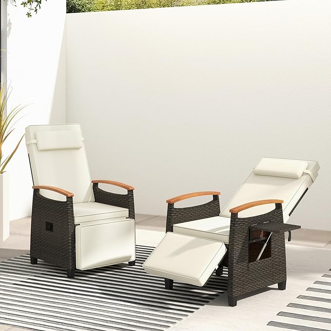 Tangkula Patio Wicker Recliner Chair, Rattan Lounge Chair w/Adjustable Backrest & Footrest, Flip Side Table, Push Back Reclining Seat w/Cushion for Backyard, Porch, Lawn (2, Off White)