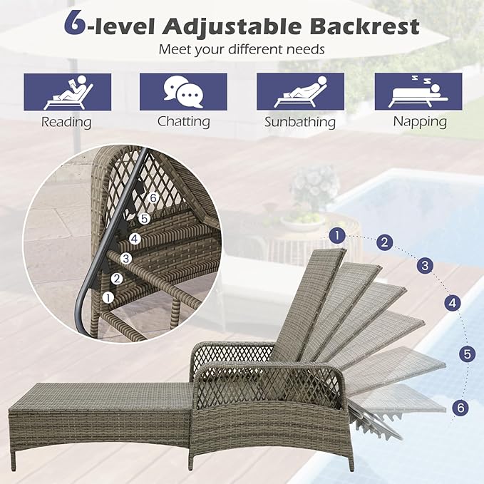 Wicker Chaise Lounge Chair, Patio Rattan Recliner with 6-Position Adjustable Backrest, Soft Cushions, Removable Lumber Pillow & Armrests, Lounger Chair for Poolside & Backyard (Gray)