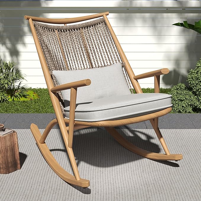Christopher Knight Home Ilumia Iron Frame in Maple Finish Rocking Chair Outdoor, Patio PE Rattan Backrest Rocker Chair with Cushions, Comfort Wicker Rocker for Backyard Balcony Porch, Gray + Maple