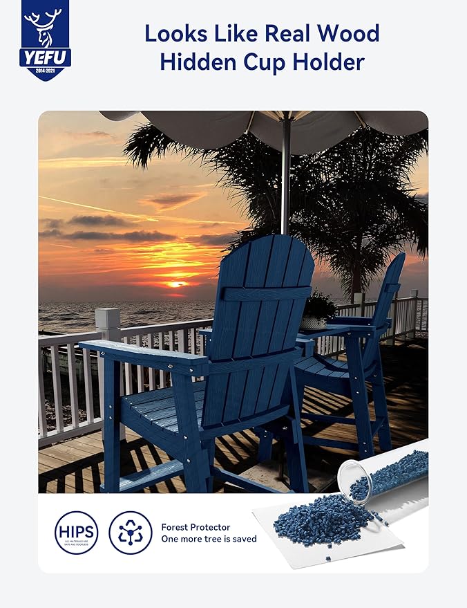 YEFU Tall Adirondack Chair Set of 2, Balcony Chair with Connecting Table, Poly Lumber Adirondack Chair, Patio Bar Stools, 380lbs, Weather Resistant for Outdoor Deck Lawn Pool-Navy Blue