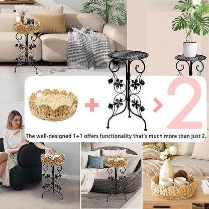 Outdoor Metal Patio Folding Side Table with Removable Wicker Tray, Boho Woven Rattan Plant Stand, Small Round Coffee end Table (Water Hyacinth, Black)