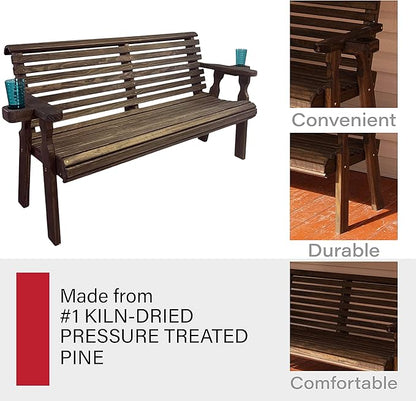 Amish Casual Heavy Duty Pressure Treated 4 Foot Outdoor Garden Bench with Cup Holders - Amish Crafted Roll Back Design in Dark Walnut Stain, 700 Lb Weight Capacity
