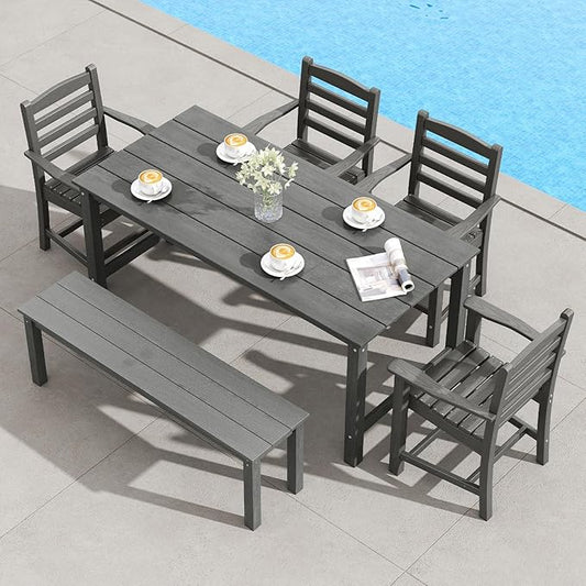 Tangkula 6 Pieces Patio Dining Bench Set, Outdoor HDPE Weather Resistant Table and Chairs Set with 1.77” Umbrella Hole and Wood-Like Surface, Outside Furniture Set for Garden, Backyard (Gray, 6 Pcs)