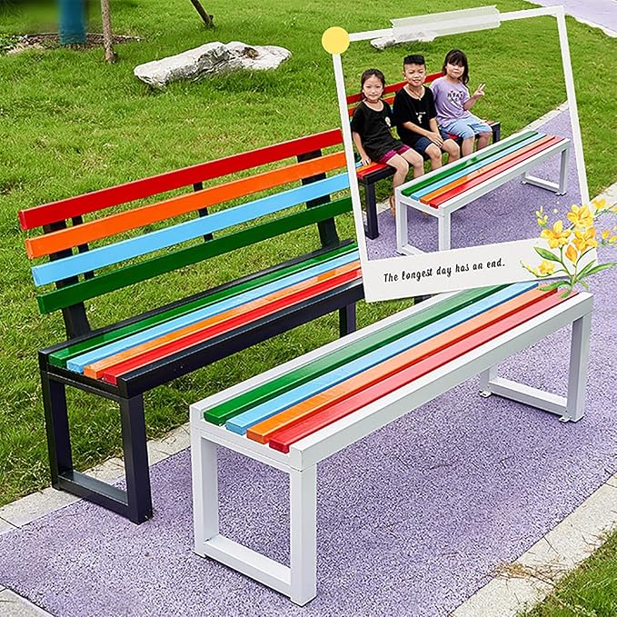 Metal Garden Bench, Outdoor Patio Park Benches, Front Porch Colorful Bench with Backrest, Slatted Chair for Poolside, Balcony, Lawn, Yard, Entryway(Colorful,100cm/39.3in)