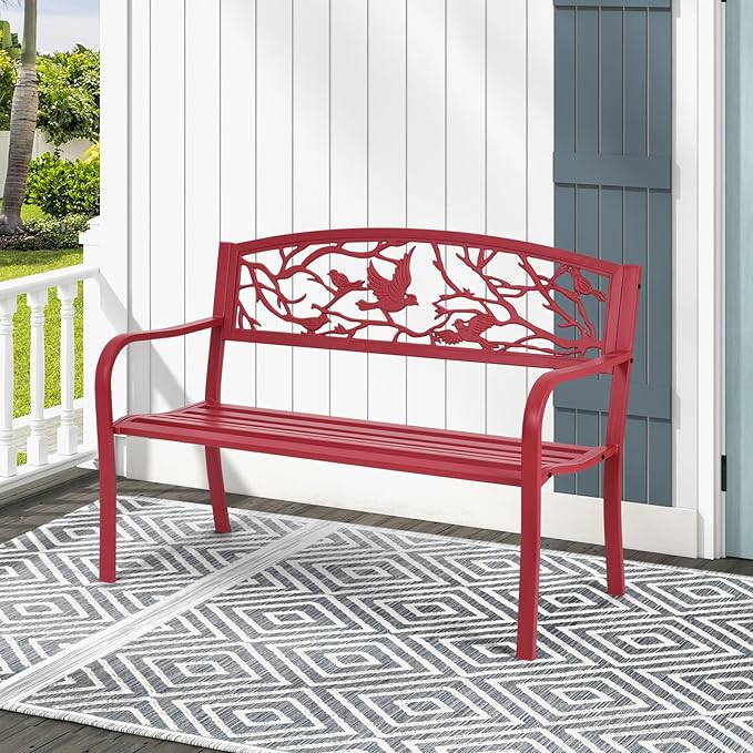 Tangkula Metal Outdoor Garden Bench Park Bench, Patio Bench with Bird & Twig Cast Iron Back Pattern - Photo 4