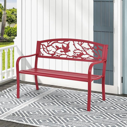 Tangkula Metal Outdoor Garden Bench Park Bench, Patio Bench with Bird & Twig Cast Iron Back Pattern, Heavy-Duty Patio Chair with Back & Arms, Seats 2-3 Persons, for Porch, Yard, Park, Lawn, Porch