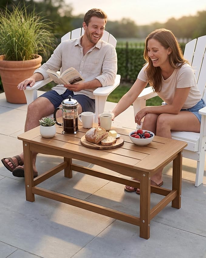 Outdoor Coffee Table for Patio, 35 Inch Rectangle Patio Coffee Table, Teak All-Weather Poly Lumber Small Outdoor Table, 250 lb Capacity for Deck Porch Balcony Garden Poolside