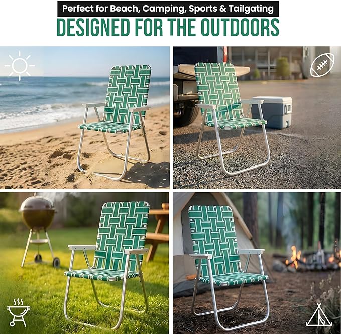 Lawn Chair USA Folding Aluminum Outdoor Patio Lawn Chair | Heavy-Duty Webbed Chairs for Camping, Sports, Beach, Yard & Tailgating | Lightweight Portable | Classic - Green and White with White Arms