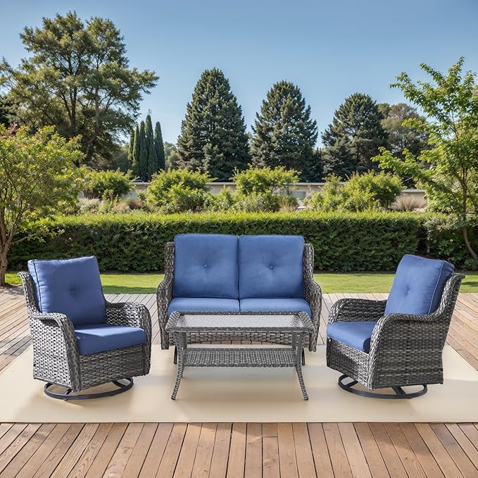 Patio Loveseat Glider Set, Resin Wicker Loveseat Glider with 2 Swivel Patio Chiars and Coffee Table, 4 Piece Patio Bistro Set Furniture Set Loveseat Set, Grey Wicker|Blue Cushions