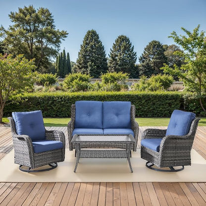 Patio Loveseat Glider Set, Resin Wicker Loveseat Glider with 2 Swivel Patio Chiars and Coffee Table, 4 Piece Patio Bistro Set Furniture Set Loveseat Set, Grey Wicker|Blue Cushions