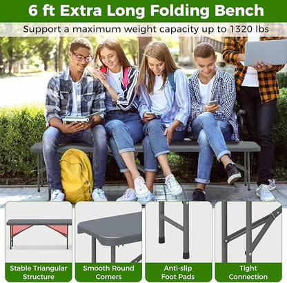Giantex 6 FT Plastic Folding Bench, HDPE Portable Seat w/Metal Legs, Fold-in-Half Outdoor Bench for Picnic, Garden, Camping, Party Sport Events, 1320 lbs Capacity, No Assembly (1, Gray)