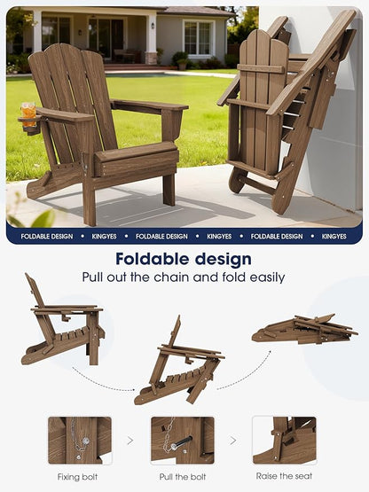 KINGYES Folding Adirondack Chair Set of 8, HDPE All-Weather Patio Chairs with Cup Holder, Wooden Textured Fire Pit Chairs for Poolside, Backyard, Deck, Brown
