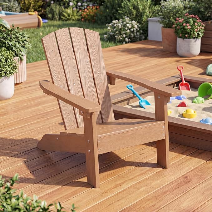 Giantex Kids Adirondack Chair, All-Weather HIPS Children's Outdoor Chair w/Ergonomic Design, Toddler Lawn Chairs for Age 3-8, Kids Beach Chair for Garden Patio Backyard (2,Teak)