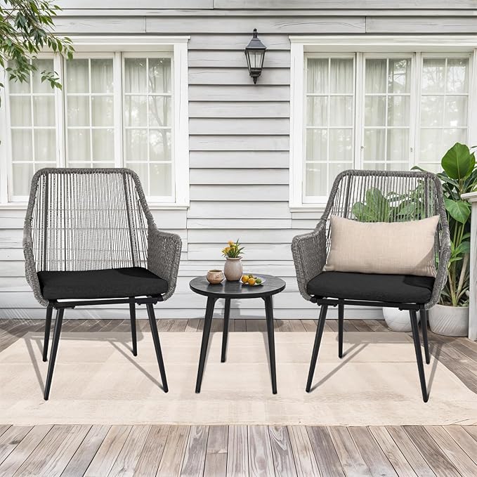 Patio Dining Chairs, Outdoor Dining Chairs with Armrest & Cushion Set of 2, All-Weather Woven Twisted Wicker Rattan Chair, Modern Indoor Outdoor Seating for Garden Lawn Backyard Grey