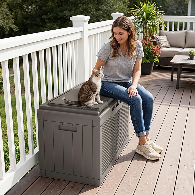 Greesum 100 Gallon Resin Deck Box Large Outdoor Storage Boxes with Cushions for Garden Tools, Patio Furniture Pillows - Photo 3