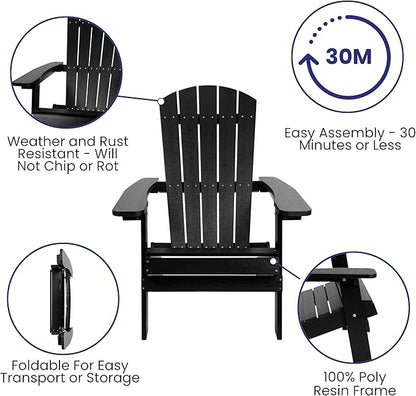Flash Furniture Charlestown Folding Adirondack Chair - Black - Poly Resin - Indoor/Outdoor - Weather Resistant - Set of 2