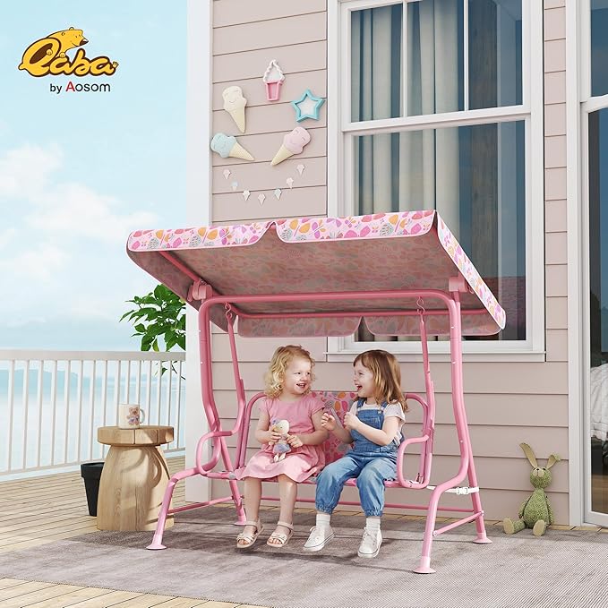 Qaba Kids Patio Swing, 2-Seater Outdoor Porch Swing Chair with Adjustable Canopy, Safety Belt, Pink Butterfly Pattern Hanging Swing Bench for Garden, Backyard, Pink